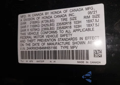 2021 Honda Cr-V Awd Ex-L из США, поврежденный, VIN 2HKRW2H84MH651166